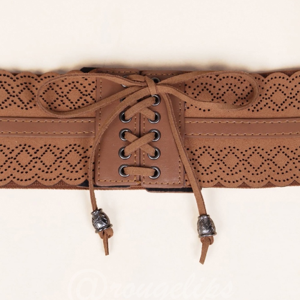 PU Wide Corset Laser Cut Hollow Out Brown Belt Boho - Picture 3 of 6